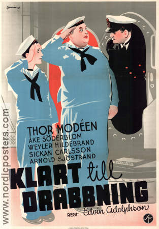 Klart till drabbning 1937 poster Thor Modéen Åke Söderblom Weyler Hildebrand Sickan Carlsson Edvin Adolphson Skepp och båtar Eric Rohman art