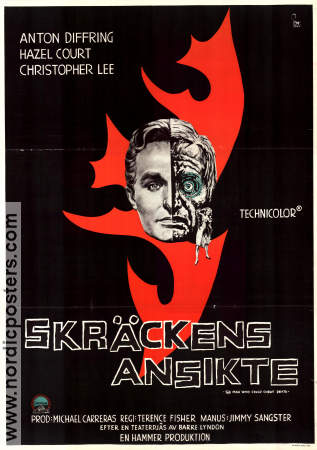 Skräckens ansikte 1959 poster Anton Diffring Christopher Lee Terence Fisher Filmbolag: Hammer Films Affischkonstnär: Gösta Åberg