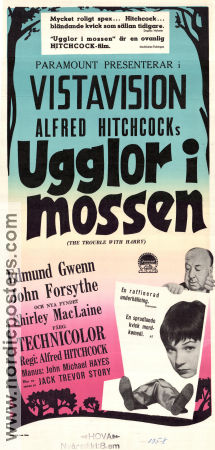Ugglor i mossen 1955 poster John Forsythe Shirley MacLaine Edmund Gwenn Alfred Hitchcock