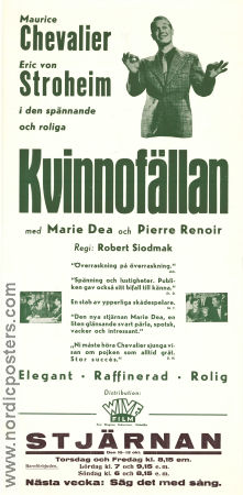 Kvinnofällan 1939 poster Maurice Chevalier Erich von Stroheim Pierre Renoir Marie Déa Robert Siodmak Musikaler