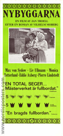 Nybyggarna 1971 poster Max von Sydow Liv Ullman Eddie Axberg Monica Zetterlund Pierre Lindstedt Jan Troell Text: Vilhelm Moberg