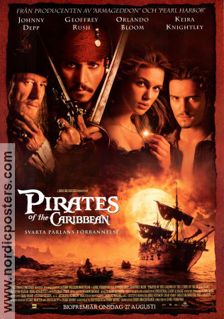Pirates of the Caribbean 2003 movie poster Johnny Depp Geoffrey Rush Orlando Bloom Keira Knightley Gore Verbinski Find more: Jerry Bruckheimer