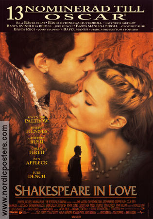 Shakespeare in Love 1998 movie poster Gwyneth Paltrow Joseph Fiennes Judi Dench John Madden Find more: William Shakespeare