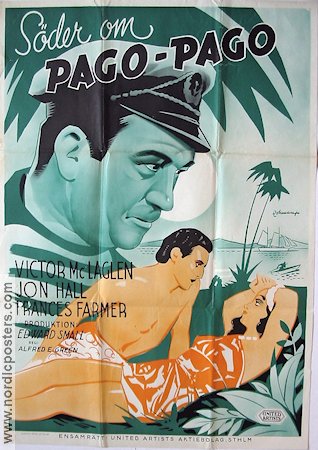 South of Pago Pago 1940 movie poster Victor McLaglen Jon Hall Frances Farmer Beach Travel Eric Rohman art