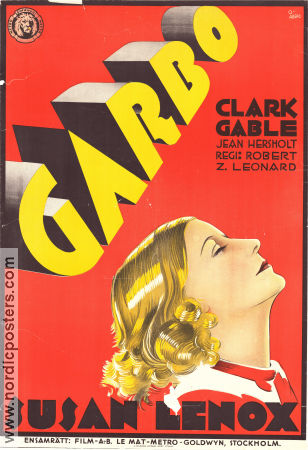 Susan Lenox 1931 movie poster Greta Garbo Clark Gable Jean Hersholt Robert Z Leonard Poster artwork: Gösta Åberg