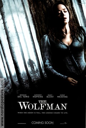 The Wolfman 2010 movie poster Benicio Del Toro Anthony Hopkins Emily Blunt Joe Johnston